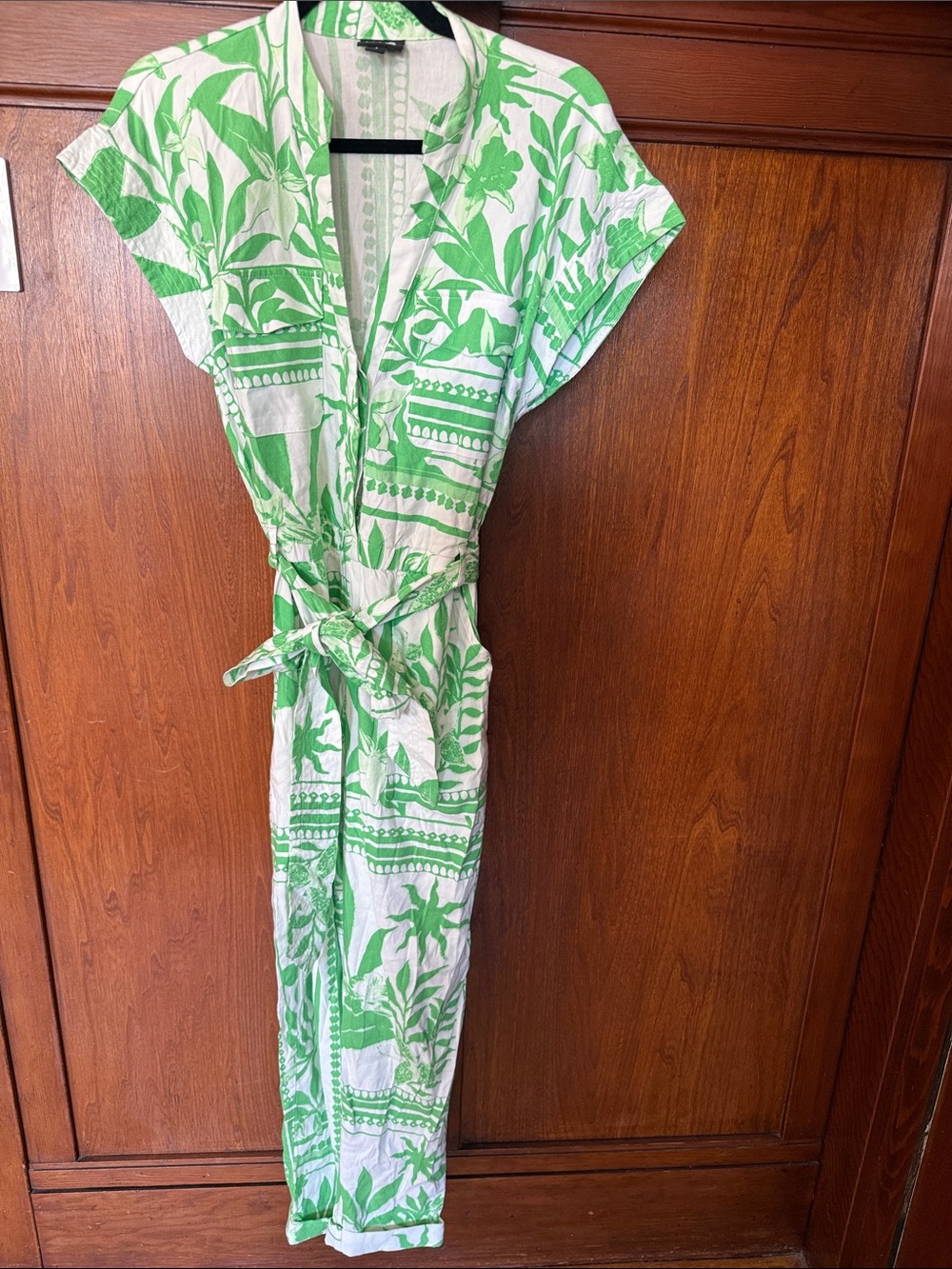 Green and White Tropical Print Linen Jumpsuit